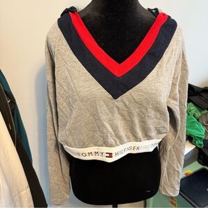 Tommy Hilfiger Gray Hoodie with Red and Navy V-Neck